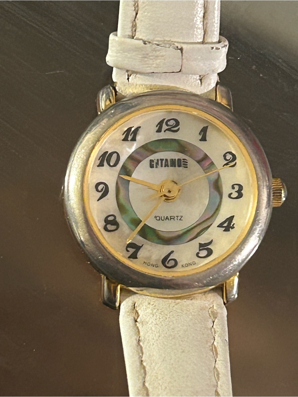 Gitano White Leather Watch with Gold-Tone Hands and Mother-of-Pearl Ring